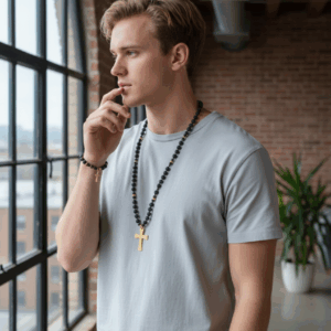 Collar Piedra Volcánica & Cruz