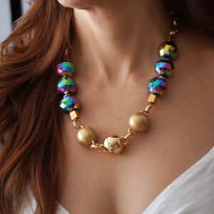 Collar Cristal Multicolor con Esferas Doradas 22 mm
