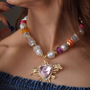 Collar Perlas y Corazón Rosa